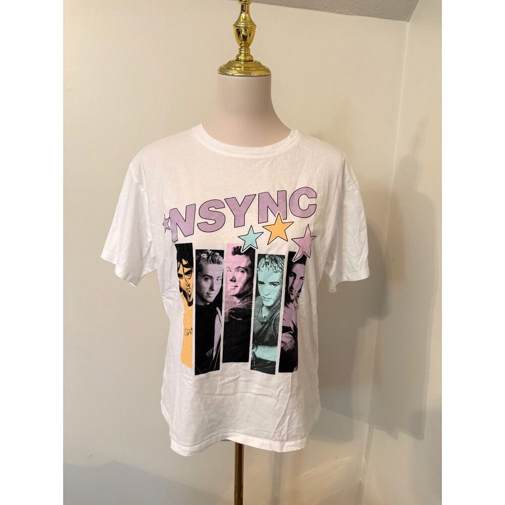 NSYNC Graphic T-Shirt Size S White Pastel Stars Boy Band Y2K 90s Pop Tee